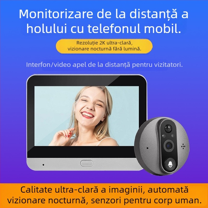 Interfon de ușă cu cameră vizuală și ecran, model Smart Cat Eye, reîncărcabil, 5V, pentru uz casnic, vilă și apartament