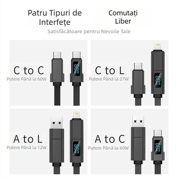 Cablu de date 4 în 1 cu încărcare rapidă – Lightning și Type-C, design dual de ramificație, 100W, aliaj de zinc