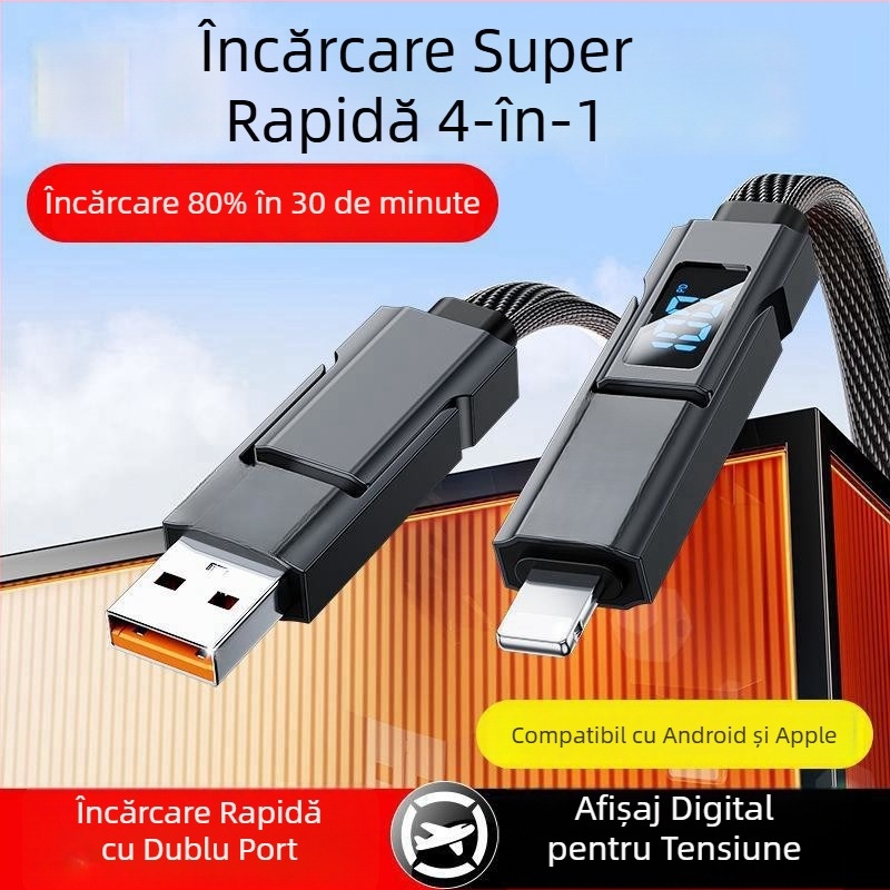 Cablu de date 4 în 1 cu încărcare rapidă – Lightning și Type-C, design dual de ramificație, 100W, aliaj de zinc
