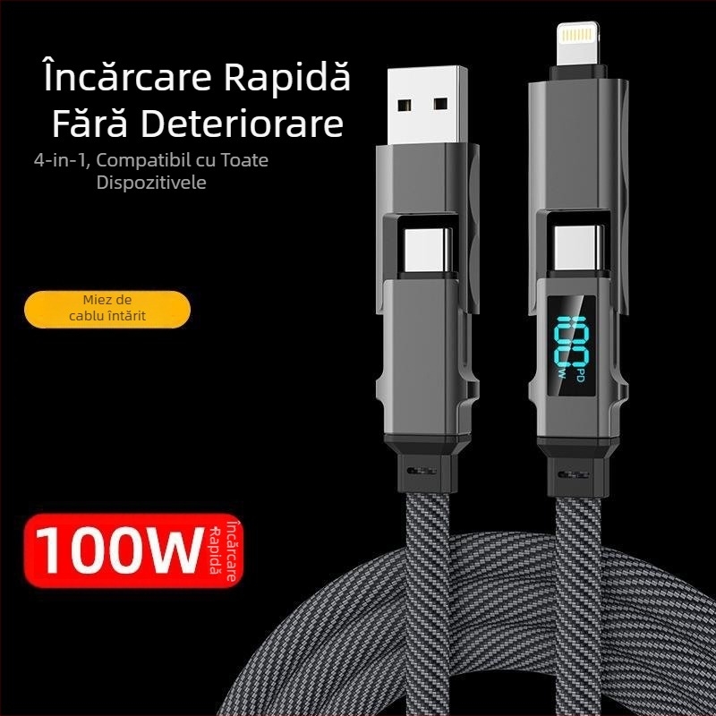 Cablu de date 4 în 1 cu încărcare rapidă – Lightning și Type-C, design dual de ramificație, 100W, aliaj de zinc