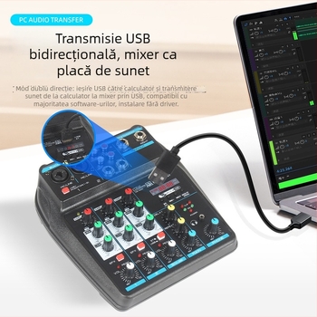 Mixer USB mini cu 4 canale, Bluetooth, reverb, intrare microfon, ieșire 6,5 mm