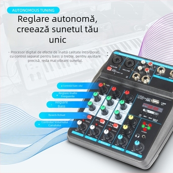 Mixer USB mini cu 4 canale, Bluetooth, reverb, intrare microfon, ieșire 6,5 mm