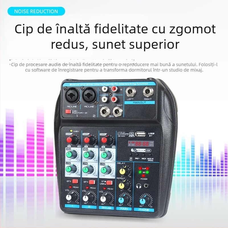 Mixer USB mini cu 4 canale, Bluetooth, reverb, intrare microfon, ieșire 6,5 mm