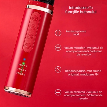 Mikrofon wireless pentru mașină, karaoke, model Q1 — Bluetooth 5.0, baterie încorporată 300–500 mAh, răspuns în frecvență 100 Hz–20 kHz, SNR ≥85 dB