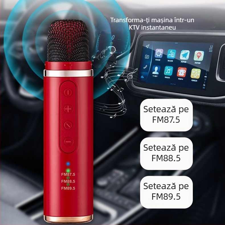 Mikrofon wireless pentru mașină, karaoke, model Q1 — Bluetooth 5.0, baterie încorporată 300–500 mAh, răspuns în frecvență 100 Hz–20 kHz, SNR ≥85 dB