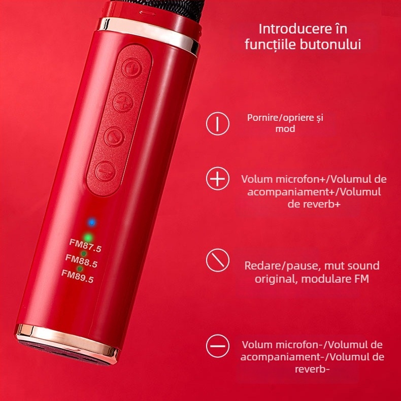 Mikrofon wireless pentru mașină, karaoke, model Q1 — Bluetooth 5.0, baterie încorporată 300–500 mAh, răspuns în frecvență 100 Hz–20 kHz, SNR ≥85 dB