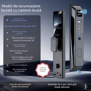 Încuietoare inteligentă de ușă pentru casă cu recunoaștere facială, amprentă și intercom video la distanță — model S48, 100 de amprente stocate, peste 3000 de deblocări, scanare <0,2 s, potrivire 1:N