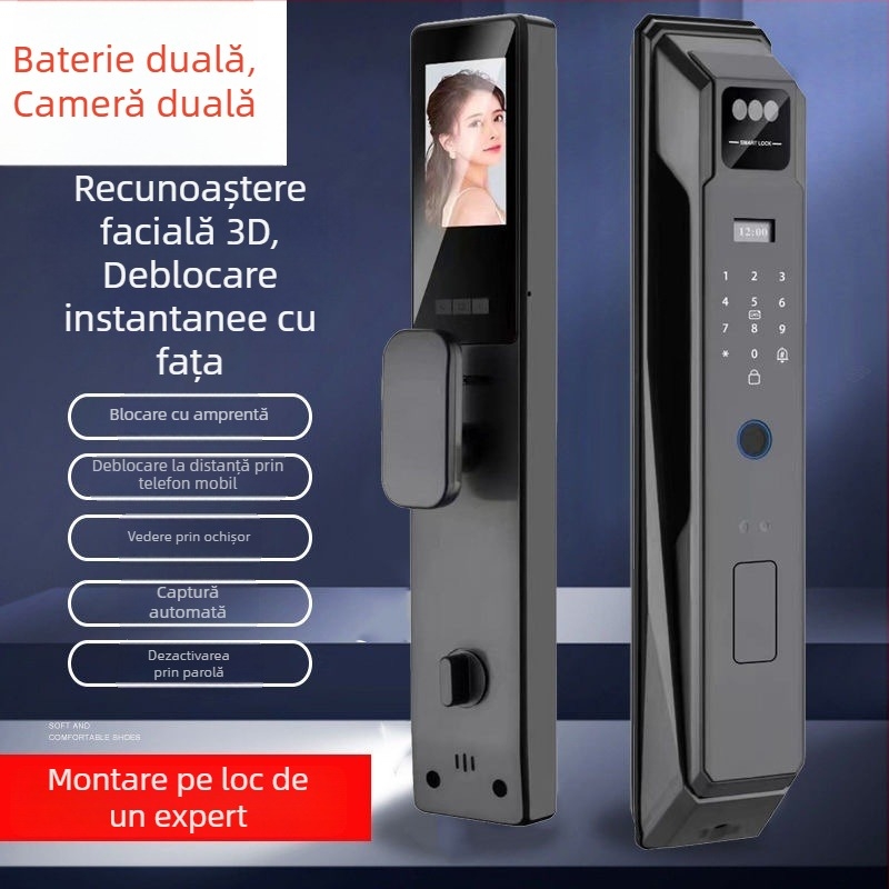 Încuietoare inteligentă de ușă pentru casă cu recunoaștere facială, amprentă și intercom video la distanță — model S48, 100 de amprente stocate, peste 3000 de deblocări, scanare <0,2 s, potrivire 1:N