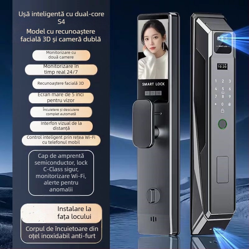 Încuietoare inteligentă de ușă pentru casă cu recunoaștere facială, amprentă și intercom video la distanță — model S48, 100 de amprente stocate, peste 3000 de deblocări, scanare <0,2 s, potrivire 1:N