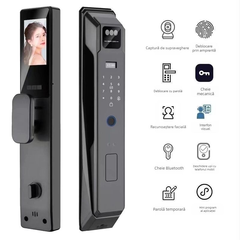 Încuietoare inteligentă de ușă pentru casă cu recunoaștere facială, amprentă și intercom video la distanță — model S48, 100 de amprente stocate, peste 3000 de deblocări, scanare <0,2 s, potrivire 1:N