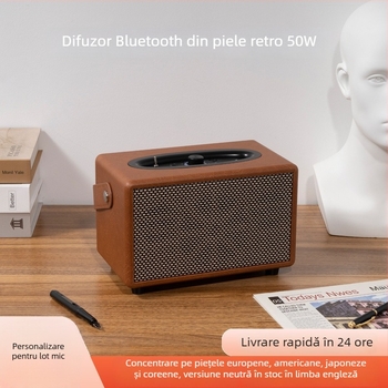 Difuzor Bluetooth din lemn cu husă din piele – difuzor desktop retro, 20W+20W, BT 5.0, 65Hz-20kHz, distanță 10 m, baterie încorporată