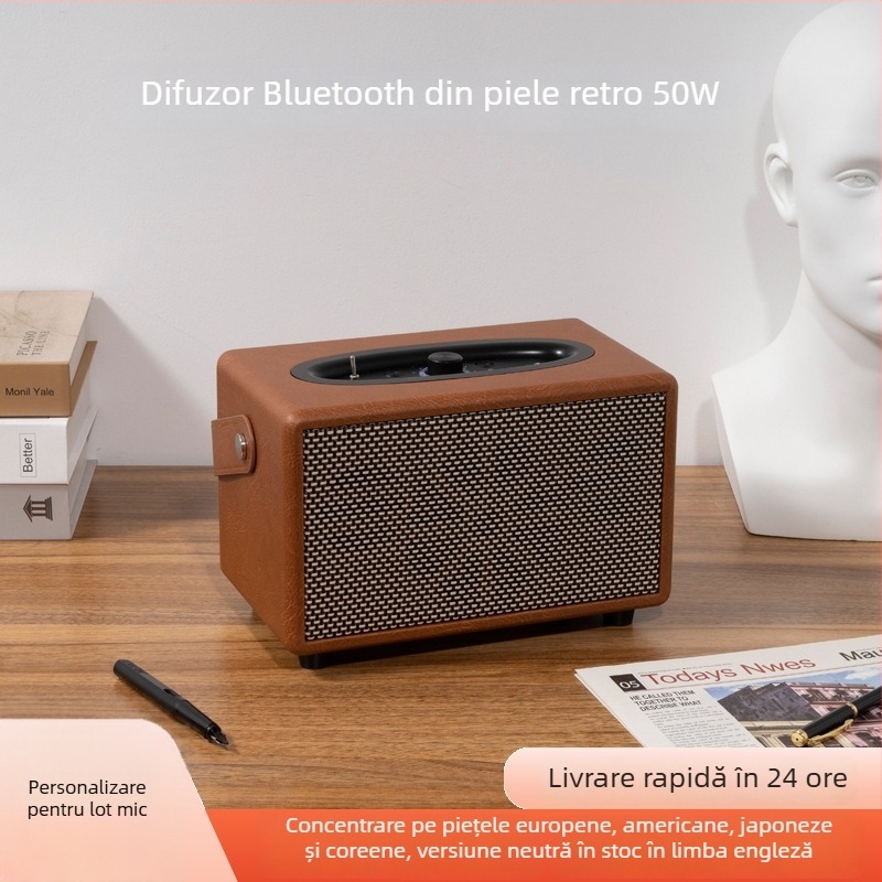 Difuzor Bluetooth din lemn cu husă din piele – difuzor desktop retro, 20W+20W, BT 5.0, 65Hz-20kHz, distanță 10 m, baterie încorporată