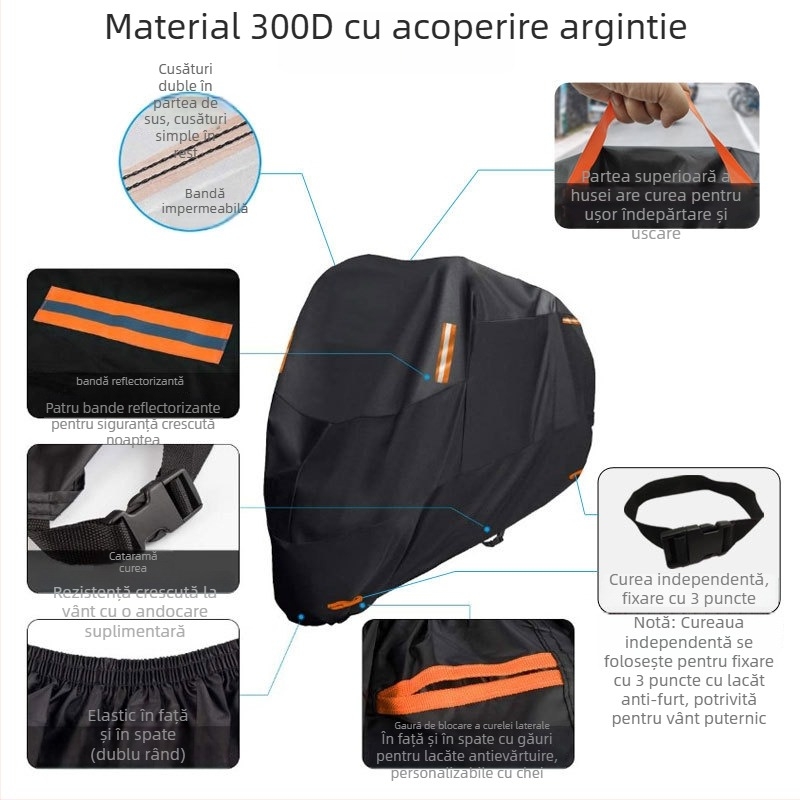 Husă pentru motocicletă, material 210D cu acoperire argintie, protecție UV, impermeabil și rezistent la praf, dimensiune personalizabilă și logo