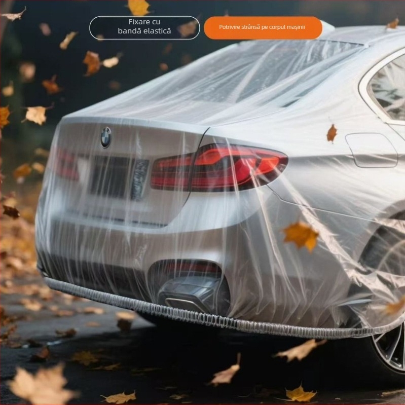 Acoperire auto transparentă, de unică folosință – protecție împotriva soarelui, ploilor și prafului, acoperire completă, universală pentru toate anotimpurile, PE material