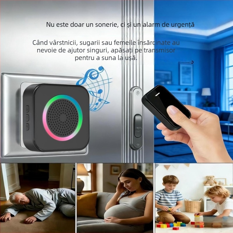 Sonerie wireless cu telecomandă, alimentare la rețea 110-250V, sonerie 63, consum 0.2W, potrivit pentru casă, birou, centru de îngrijire, hotel