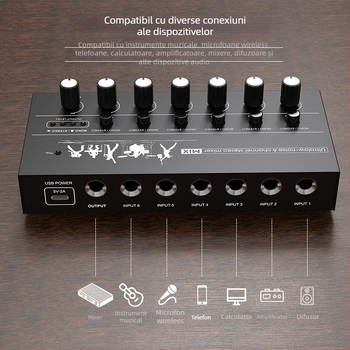 Mixer audio cu 6 canale/8 canale, mini mixer pentru instrumente muzicale, carcasă din aliaj de aluminiu și ABS