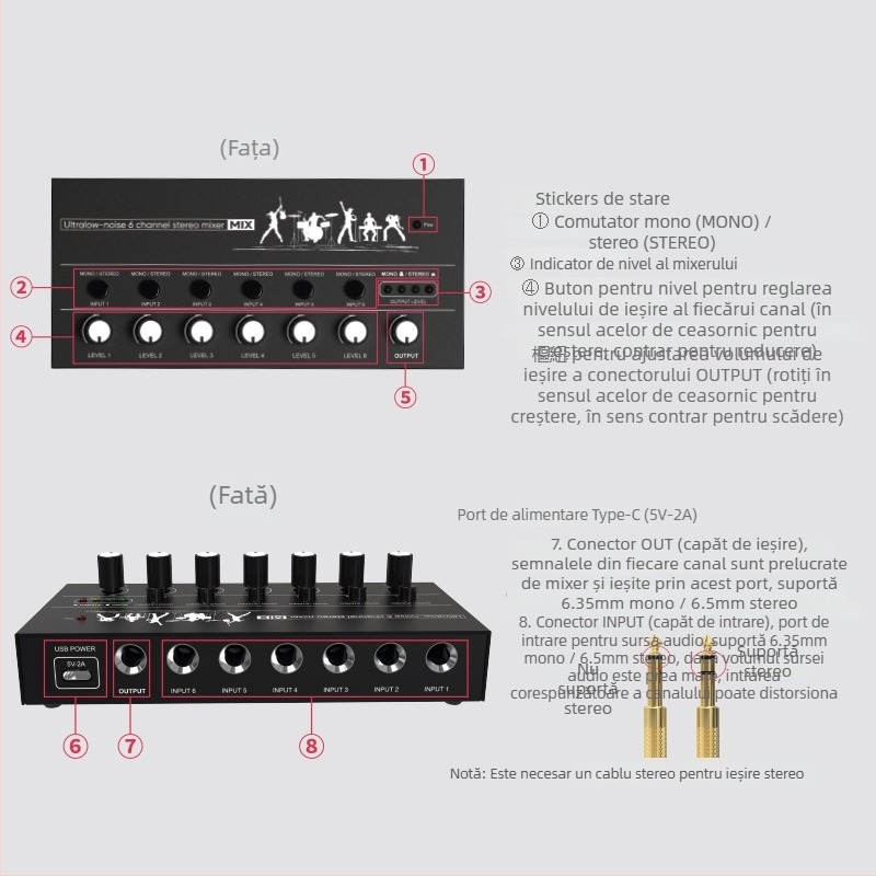 Mixer audio cu 6 canale/8 canale, mini mixer pentru instrumente muzicale, carcasă din aliaj de aluminiu și ABS