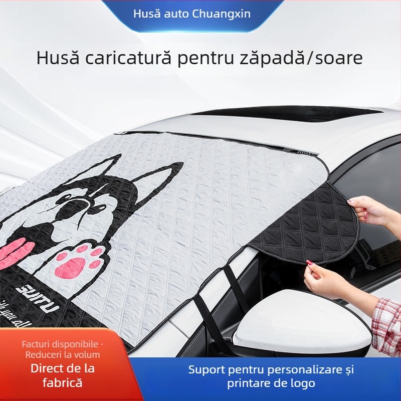 Acoperire universală pentru parbrizul frontal, protecție împotriva zăpezii și agerii – compozit din folie de aluminiu + PE + bumbac țesut, model desen animat, montaj încorporat