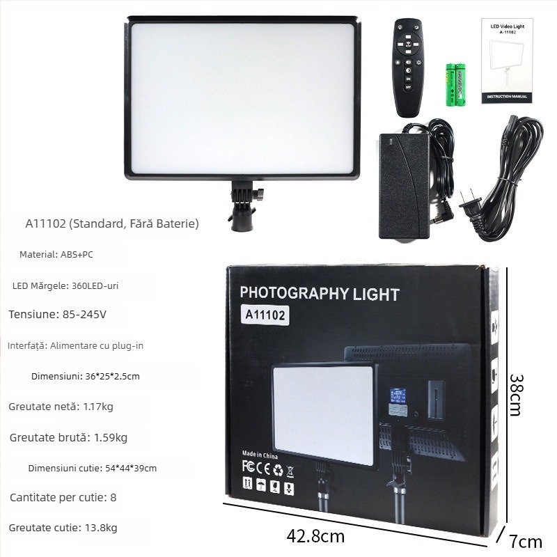 Panou LED de iluminat pentru fotografiere și streaming, model A111, alimentat pe baterie, temperatură de culoare duală 2500-9900K, putere 10-50W, portabil pentru exterior
