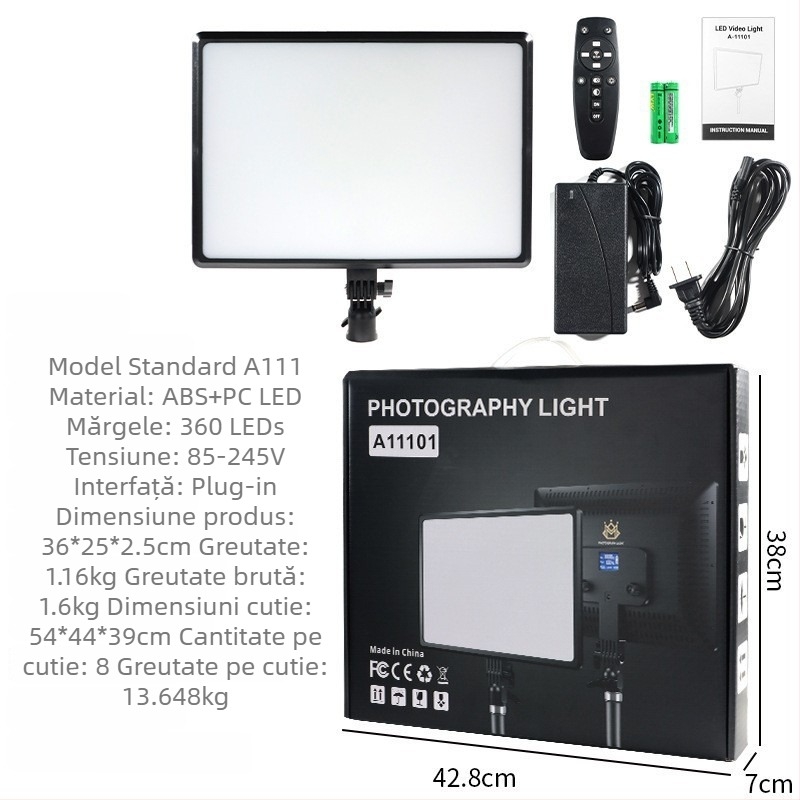 Panou LED de iluminat pentru fotografiere și streaming, model A111, alimentat pe baterie, temperatură de culoare duală 2500-9900K, putere 10-50W, portabil pentru exterior