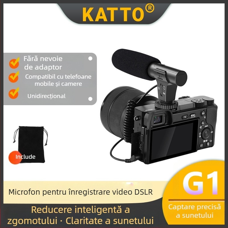 Microfon shotgun pentru camere, model KATTO-G1; carcasă din plastic; potrivit pentru camere, vlogging și interviuri; capacitate de încărcare sub 2 kg; lansat în 2021