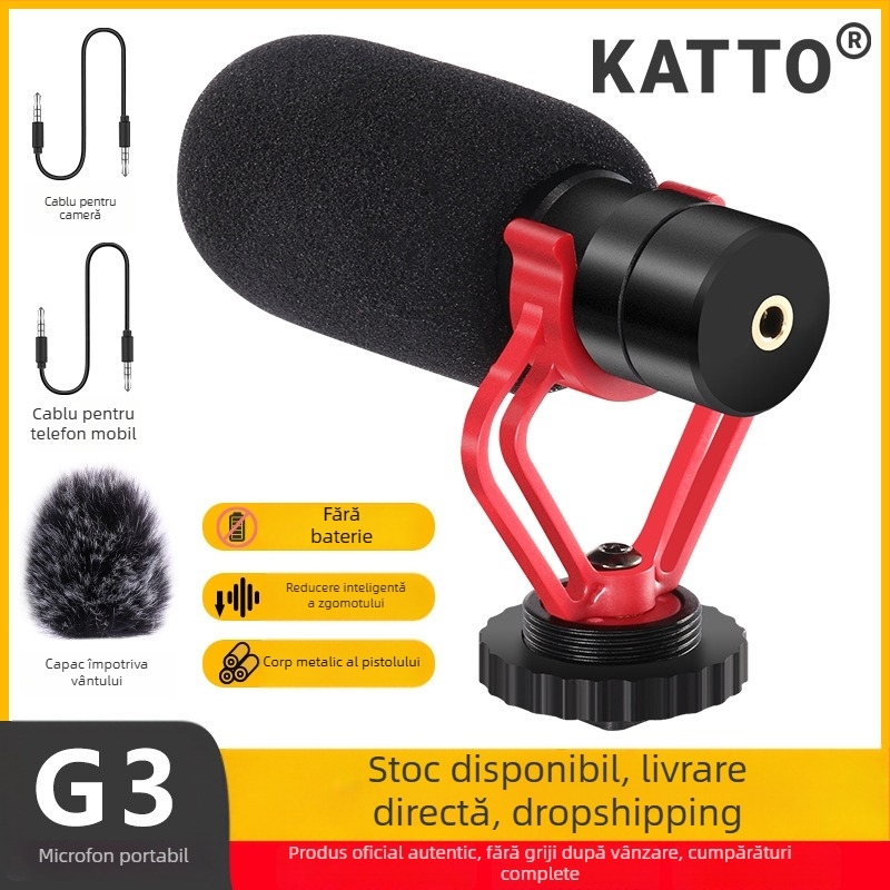 Microfon shotgun pentru camere, model KATTO-G1; carcasă din plastic; potrivit pentru camere, vlogging și interviuri; capacitate de încărcare sub 2 kg; lansat în 2021