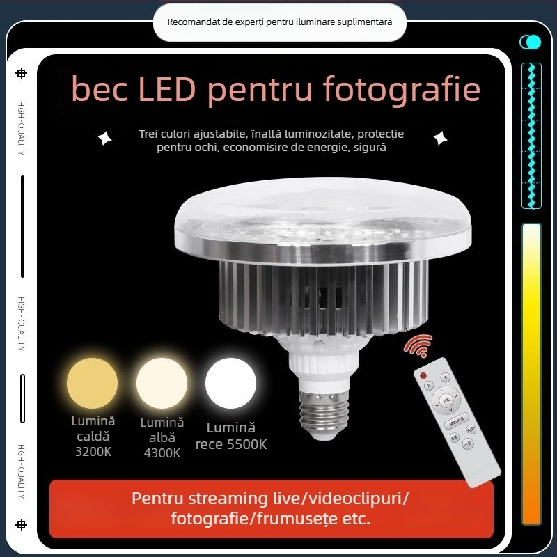 Lumină pentru fotografie digitală pentru streaming live, LED-uri de înaltă putere 2835, reglabilă în intensitate, 3000K-6500K, bază E27, acoperire de 15-20 m²