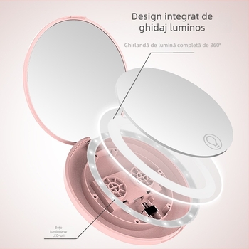 Toktik oglindă de machiaj LED cu lumină, portabilă și pliabilă – cadru din ABS, oglindă argintie, logo imprimat, personalizare disponibilă