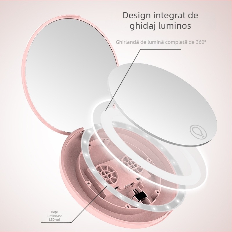Toktik oglindă de machiaj LED cu lumină, portabilă și pliabilă – cadru din ABS, oglindă argintie, logo imprimat, personalizare disponibilă