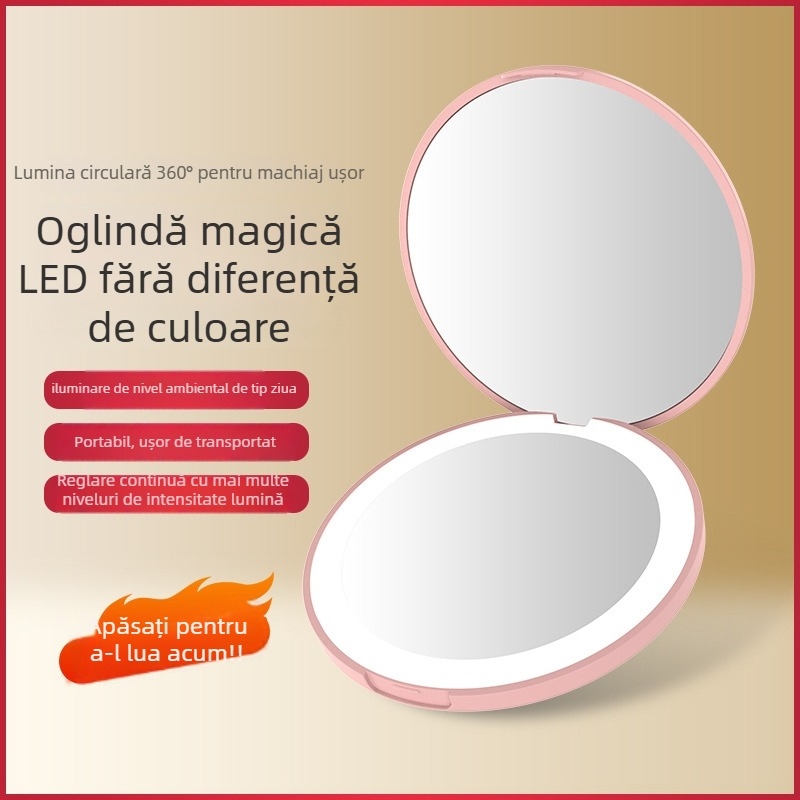 Toktik oglindă de machiaj LED cu lumină, portabilă și pliabilă – cadru din ABS, oglindă argintie, logo imprimat, personalizare disponibilă