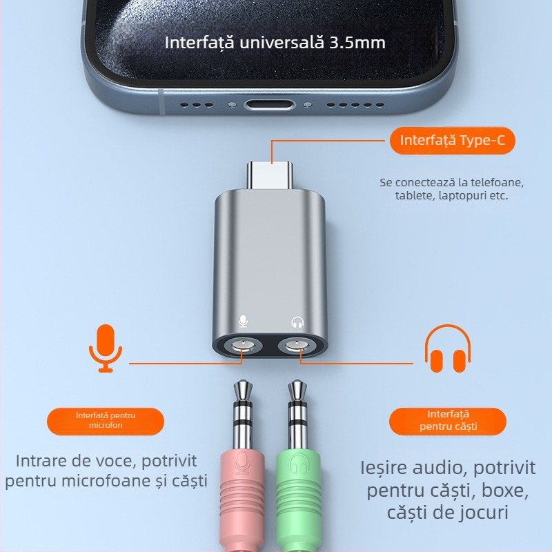 Interfață audio externă Type-C cu dual 3,5 mm pentru tabletă, telefon, PC și notebook — suport pentru căști și microfon pentru karaoke