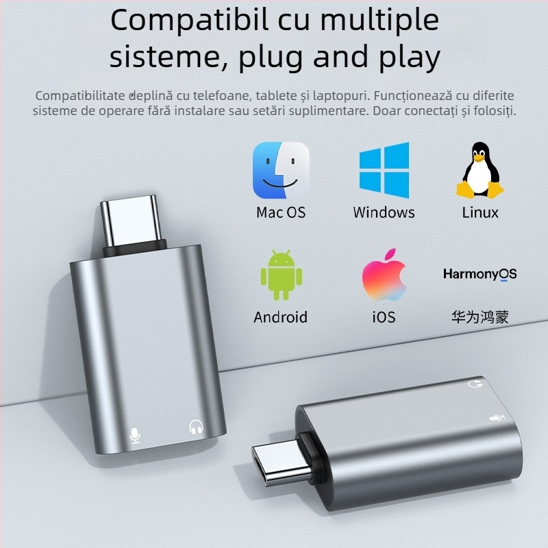 Interfață audio externă Type-C cu dual 3,5 mm pentru tabletă, telefon, PC și notebook — suport pentru căști și microfon pentru karaoke