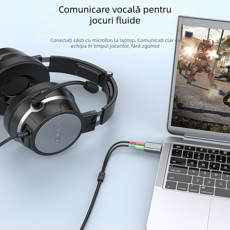 Interfață audio externă Type-C cu dual 3,5 mm pentru tabletă, telefon, PC și notebook — suport pentru căști și microfon pentru karaoke