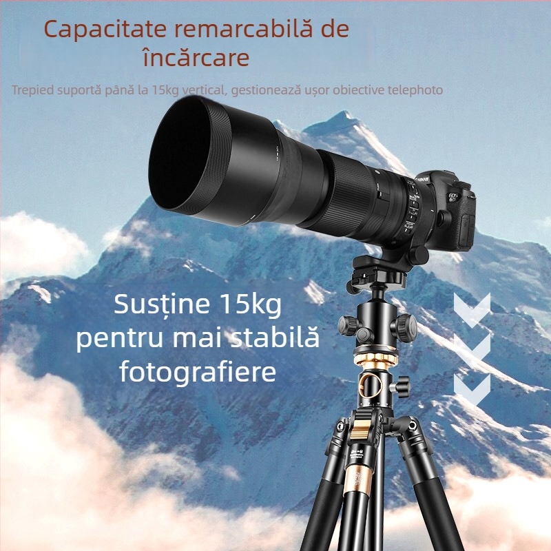 Tripod Q999HE/Q999HR cu ax central orizontal pentru telefoane mobile și DSLR, 4 secțiuni, aliaj de aluminiu, cap cu bilă, placă de eliberare rapidă, sarcină 6–10 kg