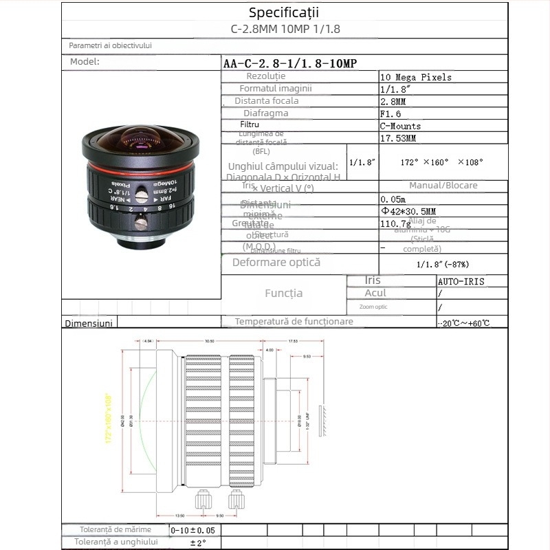 Lentilă C-mount wide-angle 2.8 mm, acoperire ~170°, focalizare manuală, 10 MP