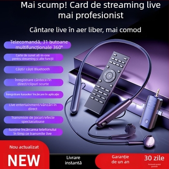 Card de sunet wireless cu cască all-in-one pentru live streaming – model O10, design pe gât, microfon pentru transmisii live, baterie detașabilă 300–500 mAh, autonomie 3–6 ore