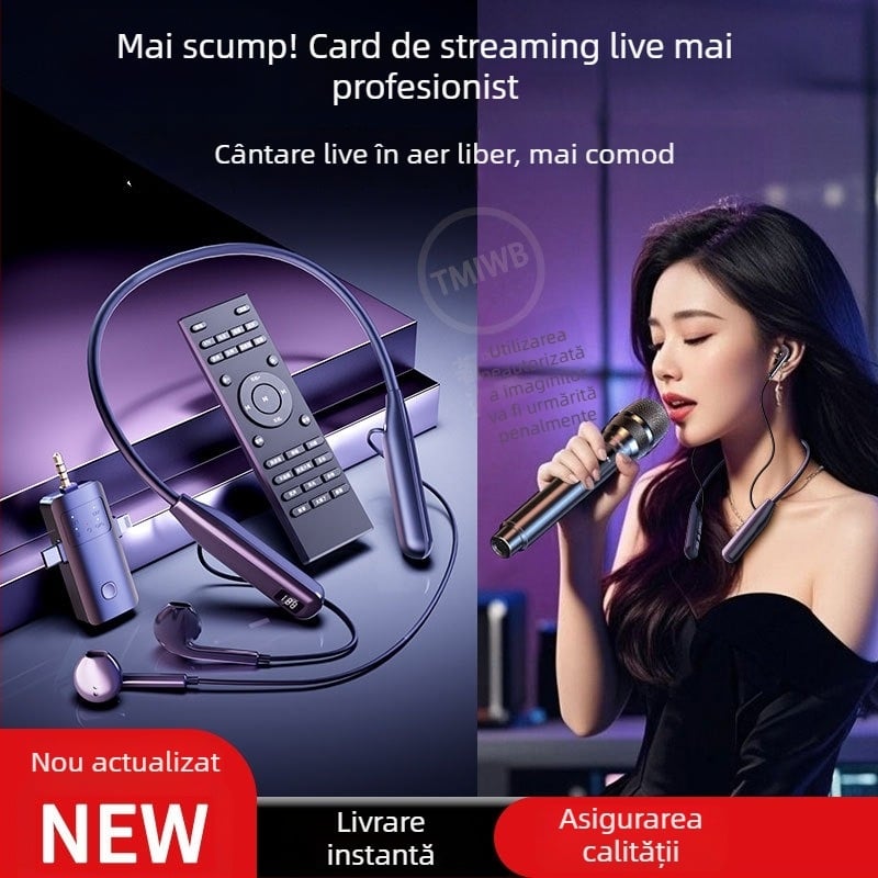 Card de sunet wireless cu cască all-in-one pentru live streaming – model O10, design pe gât, microfon pentru transmisii live, baterie detașabilă 300–500 mAh, autonomie 3–6 ore