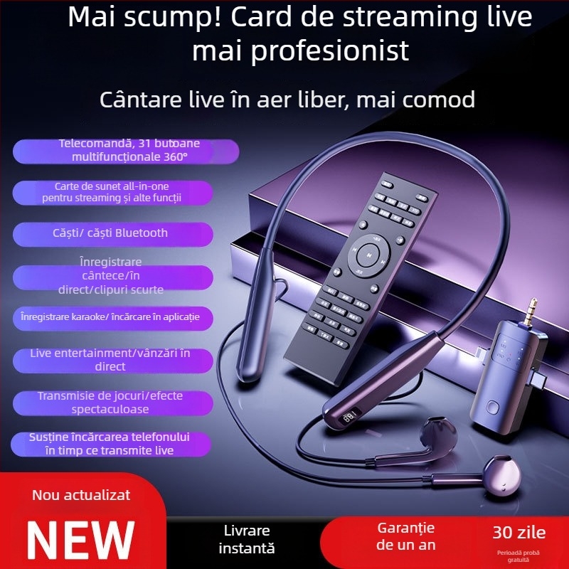 Card de sunet wireless cu cască all-in-one pentru live streaming – model O10, design pe gât, microfon pentru transmisii live, baterie detașabilă 300–500 mAh, autonomie 3–6 ore