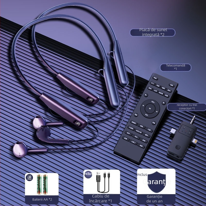 Card de sunet wireless cu cască all-in-one pentru live streaming – model O10, design pe gât, microfon pentru transmisii live, baterie detașabilă 300–500 mAh, autonomie 3–6 ore