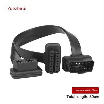 Cablu adaptor OBD2, 16 pini, fir cupru plat, splitter 1 la 2, conector drept și conector unghiular