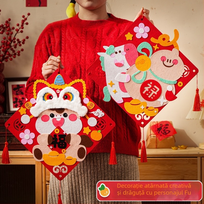 Kit DIY de decor pentru ușa de la intrare din felt – pentru Anul Calului, realizare manuală, stil Chinezesc, Festivalul Primăverii, pandantive și autocolante cu binecuvântări