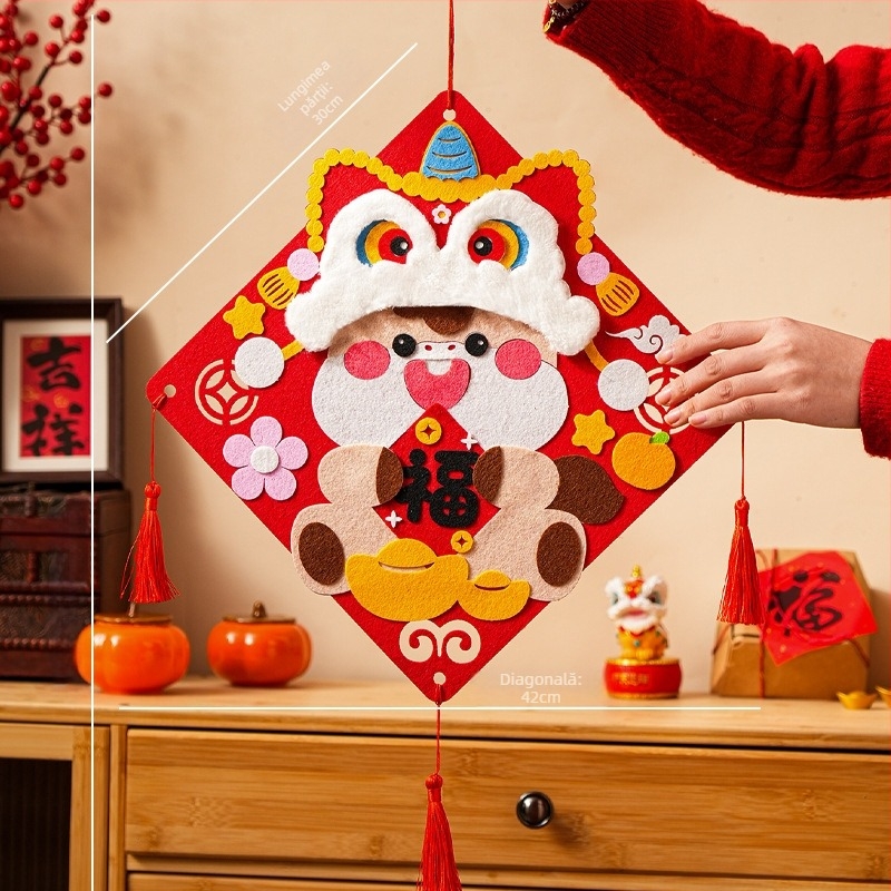 Kit DIY de decor pentru ușa de la intrare din felt – pentru Anul Calului, realizare manuală, stil Chinezesc, Festivalul Primăverii, pandantive și autocolante cu binecuvântări