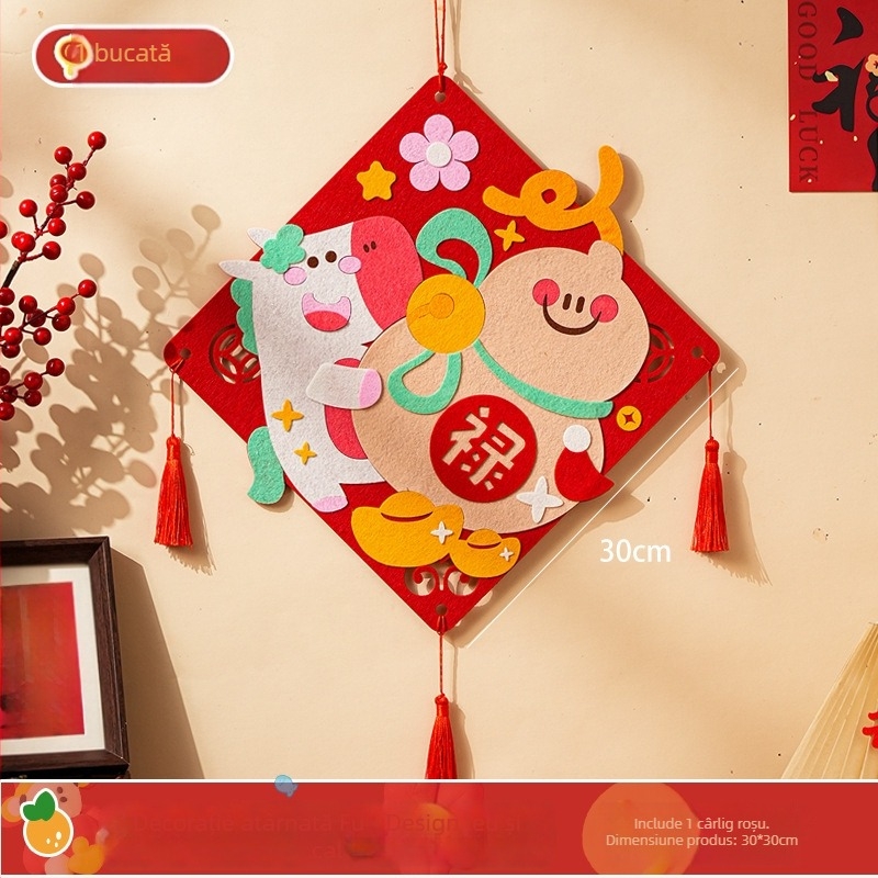 Kit DIY de decor pentru ușa de la intrare din felt – pentru Anul Calului, realizare manuală, stil Chinezesc, Festivalul Primăverii, pandantive și autocolante cu binecuvântări