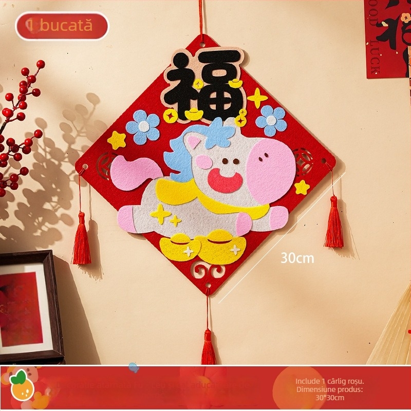Kit DIY de decor pentru ușa de la intrare din felt – pentru Anul Calului, realizare manuală, stil Chinezesc, Festivalul Primăverii, pandantive și autocolante cu binecuvântări