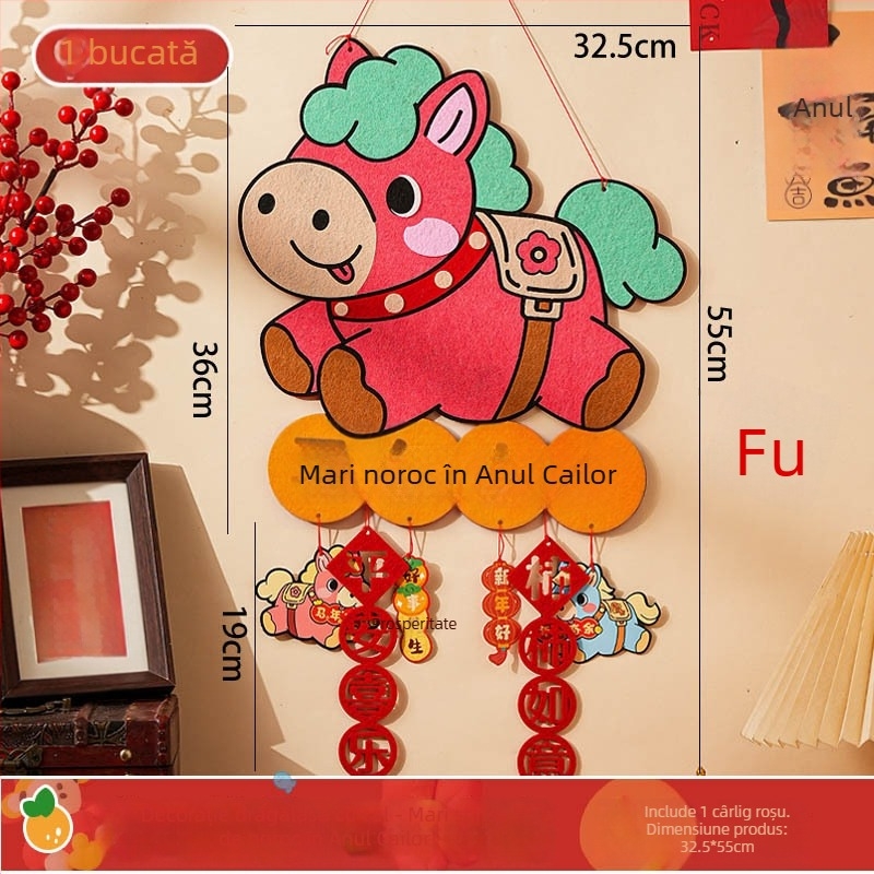 Kit DIY de decor pentru ușa de la intrare din felt – pentru Anul Calului, realizare manuală, stil Chinezesc, Festivalul Primăverii, pandantive și autocolante cu binecuvântări