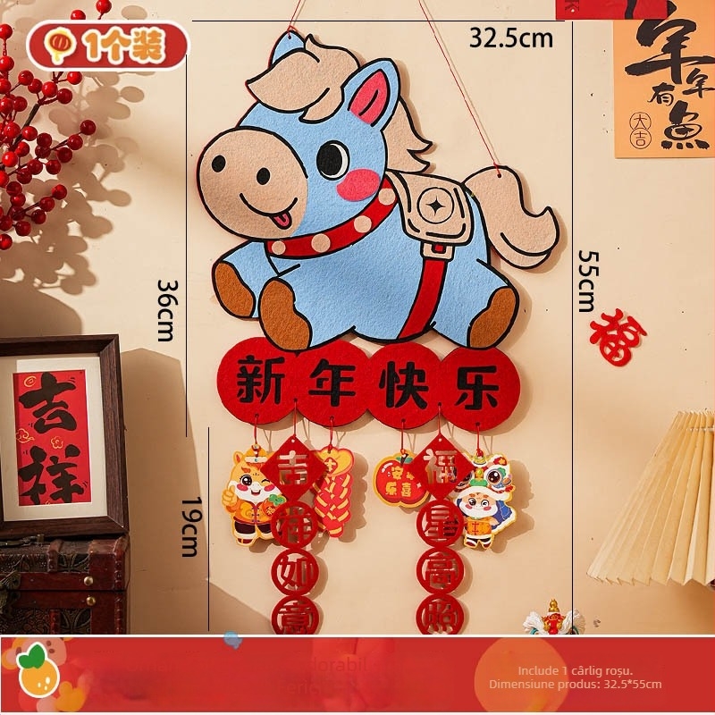 Kit DIY de decor pentru ușa de la intrare din felt – pentru Anul Calului, realizare manuală, stil Chinezesc, Festivalul Primăverii, pandantive și autocolante cu binecuvântări