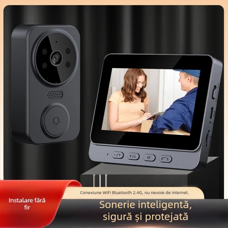 Sonerie video pentru ușă, fără fir, cu ecran, interfon la ușă, vedere nocturnă
