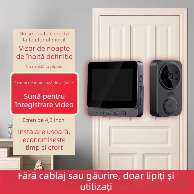Sonerie video pentru ușă, fără fir, cu ecran, interfon la ușă, vedere nocturnă