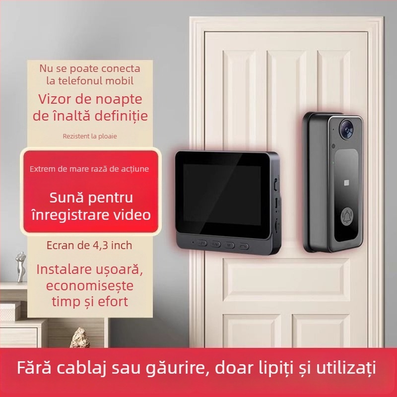 Sonerie video pentru ușă, fără fir, cu ecran, interfon la ușă, vedere nocturnă