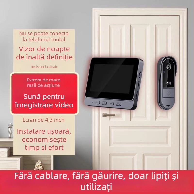 Sonerie video pentru ușă, fără fir, cu ecran, interfon la ușă, vedere nocturnă